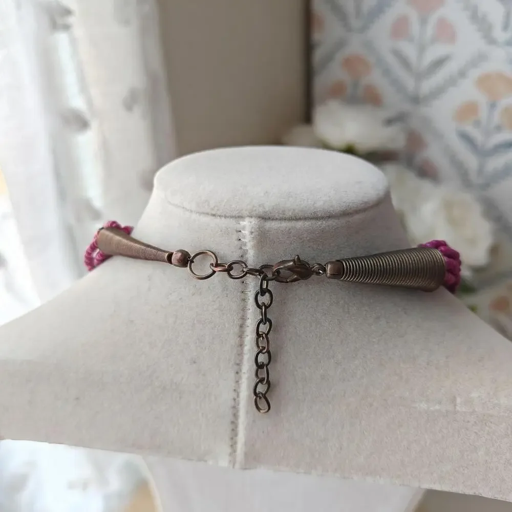 Boho fuschia and bronze two tone multi strand seed bead necklace